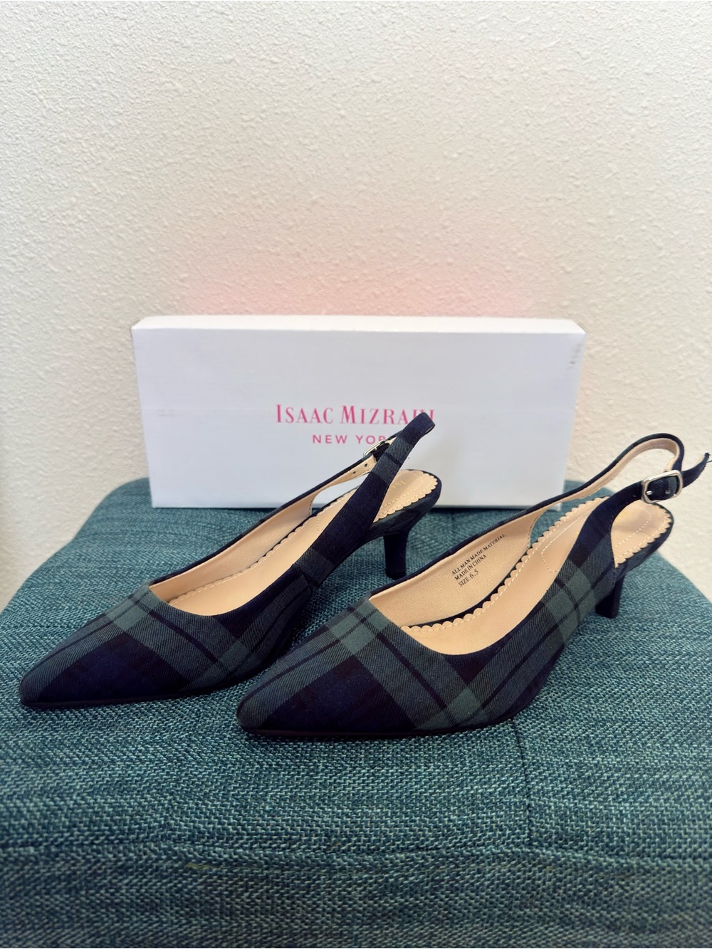 Isaac Mizrahi Black & Green Plaid Slingback Kitten Heels